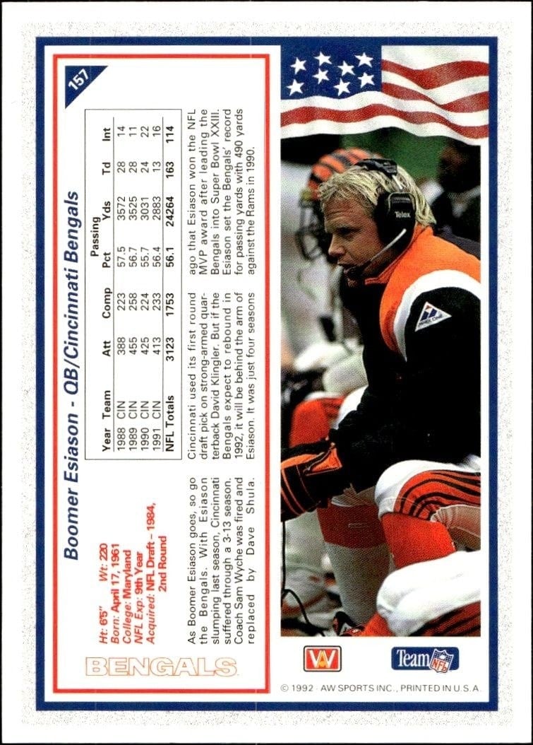 1992 AW Sports Team NFL Boomer Esiason #157 football trading card back