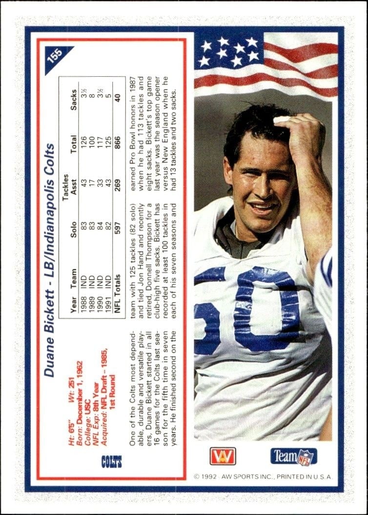 1992 AW Sports Team NFL Duane Bickett #155 football trading card back