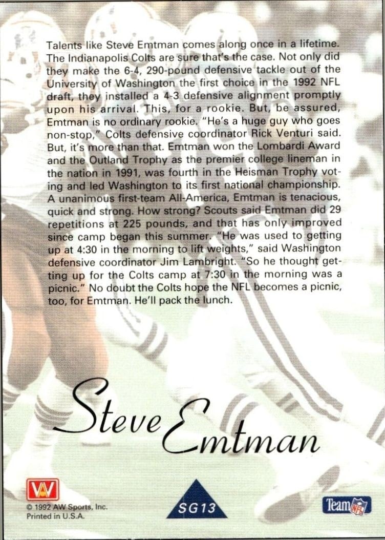 1992 AW Sports Team NFL Steve Emtman #SG13 football trading card back