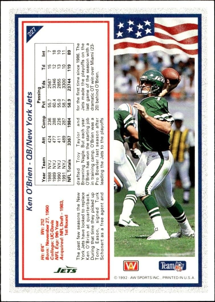 1992 AW Sports Team NFL Ken O'Brien #227 football trading card back