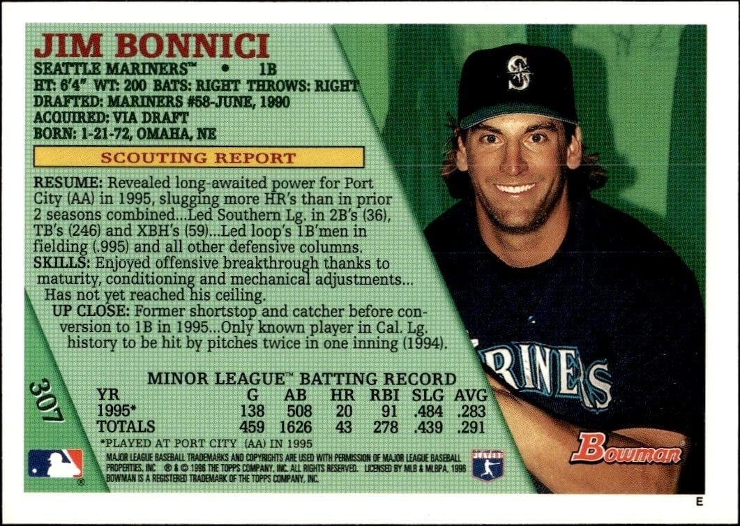 1996 Bowman Jim Bonnici #307 baseball trading card back