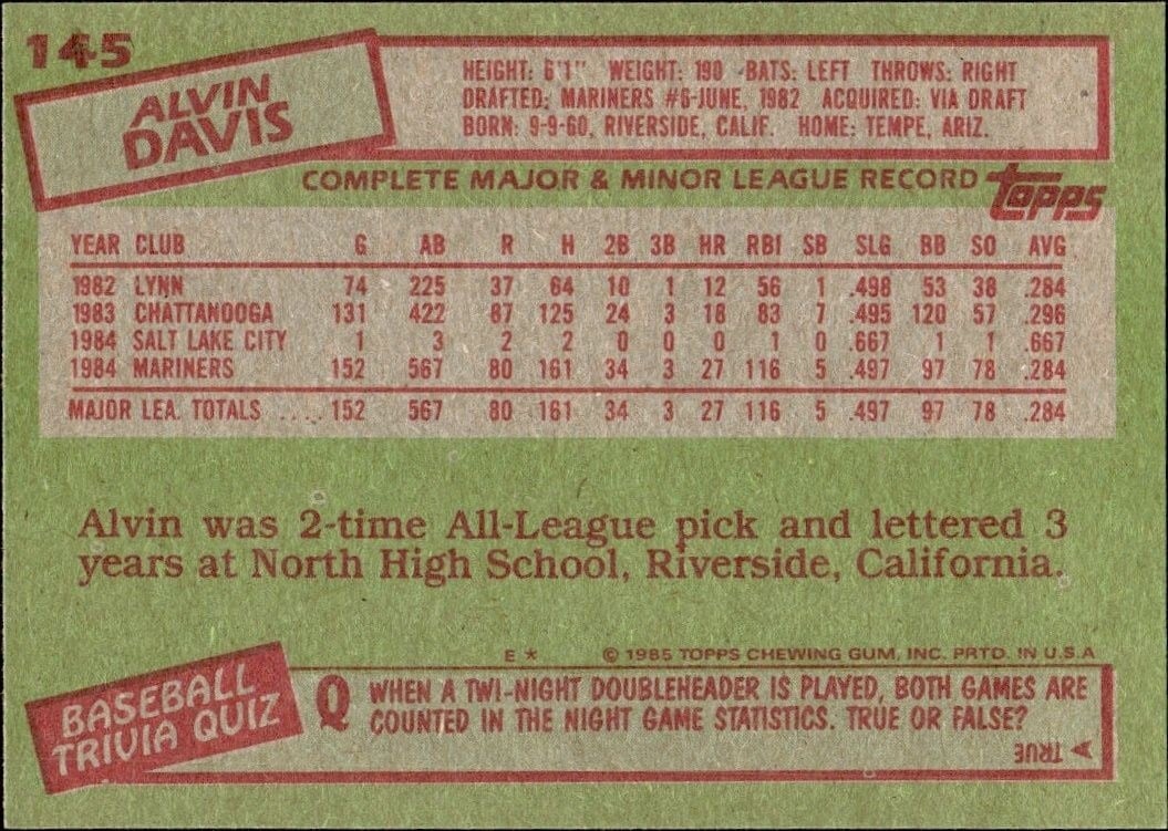 1985 Topps Alvin Davis #145 baseball trading card back