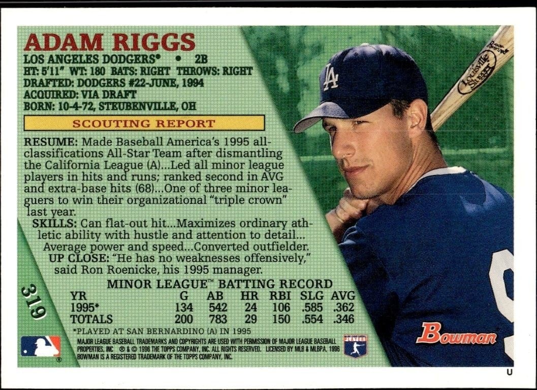 1996 Bowman Adam Riggs #319 baseball trading card back