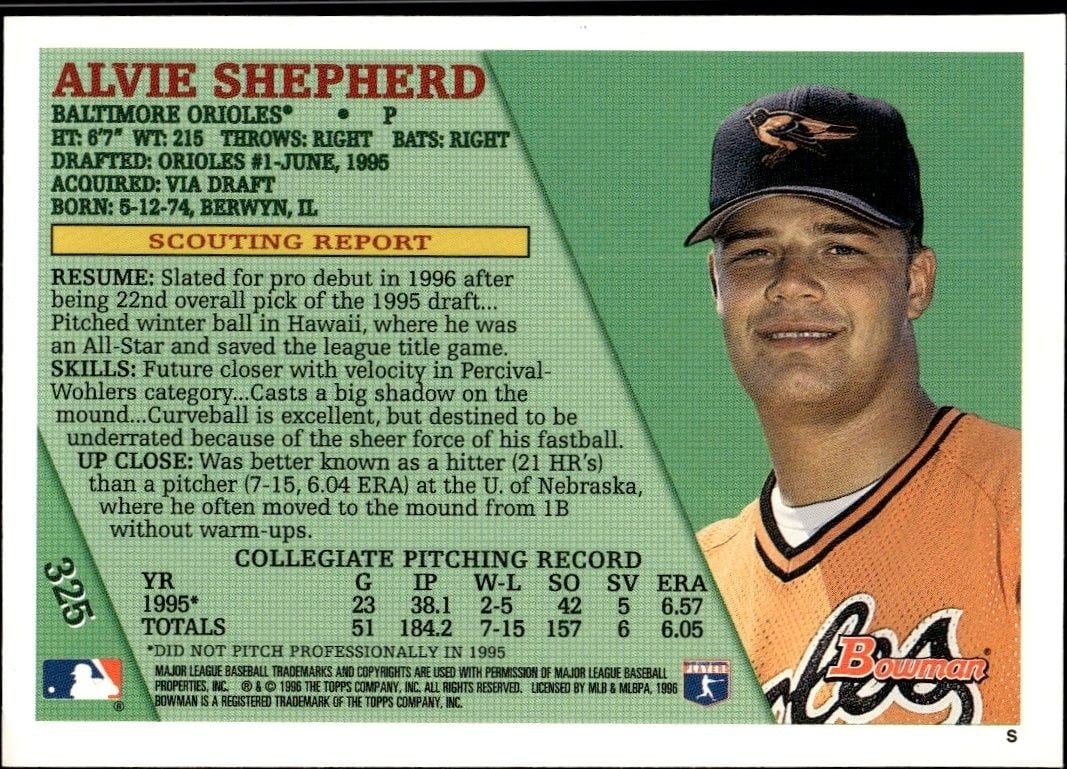 1996 Bowman Alvie Shepherd #325 baseball trading card back