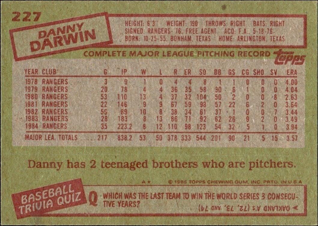 1985 Topps Danny Darwin #227 baseball trading card back