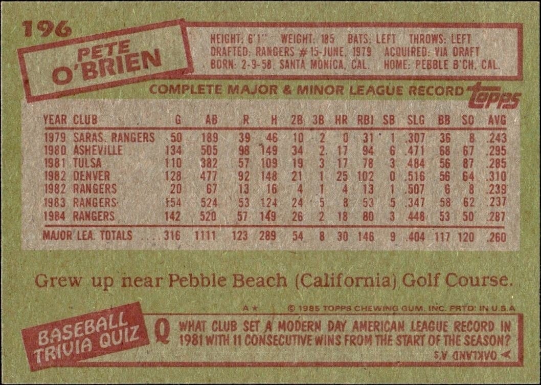 1985 Topps Pete O'Brien #196 baseball trading card back