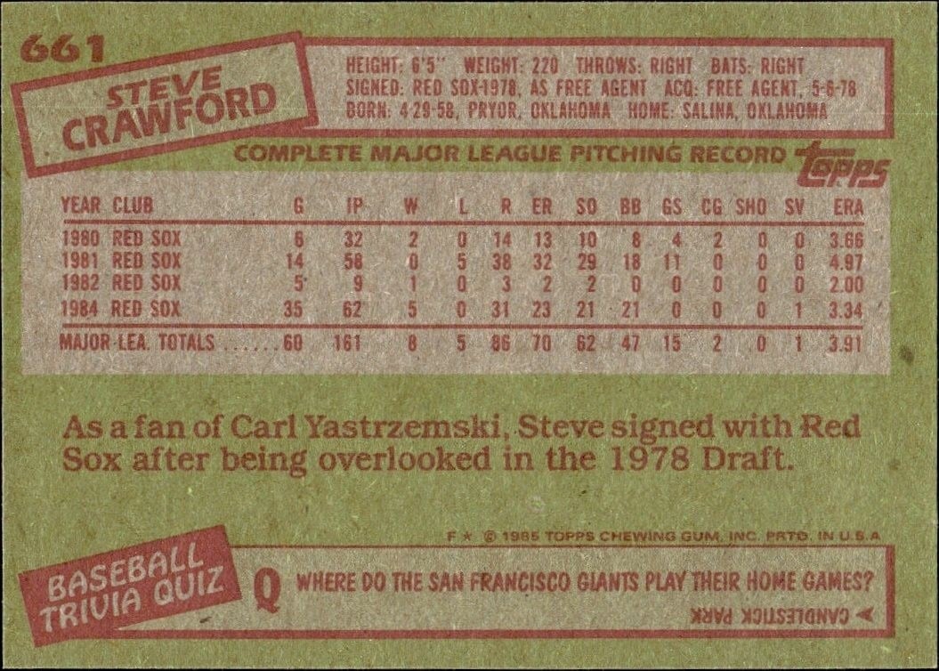 1985 Topps Steve Crawford #661 baseball trading card back