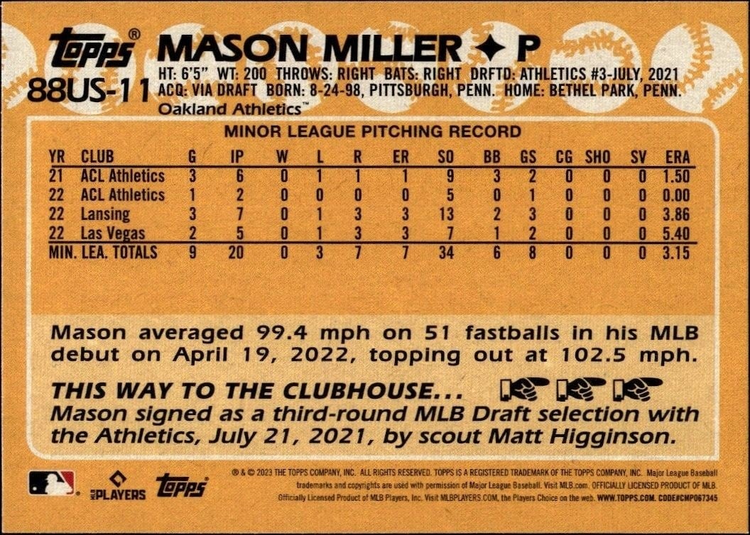 2023 Topps Series 2 Mason Miller #88US-11 baseball trading card back