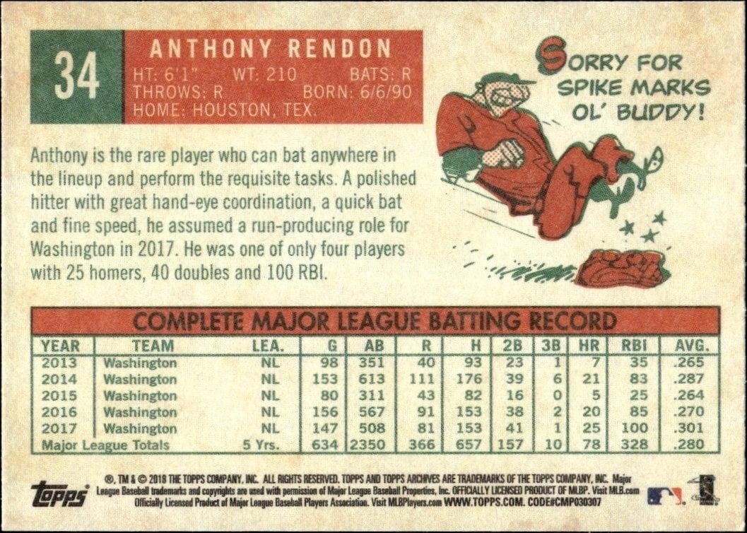 2018 Topps Archives Anthony Rendon #34 baseball trading card back