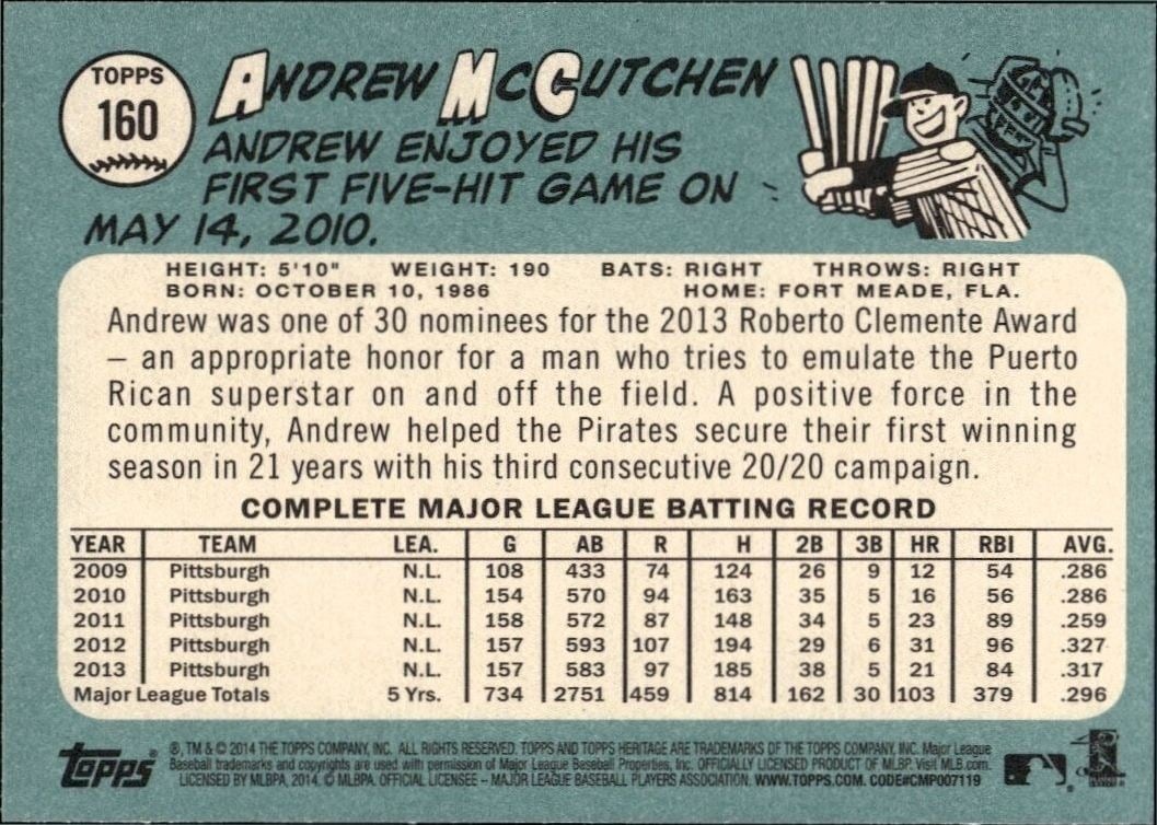 2014 Topps Heritage Andrew McCutchen #160 baseball trading card back