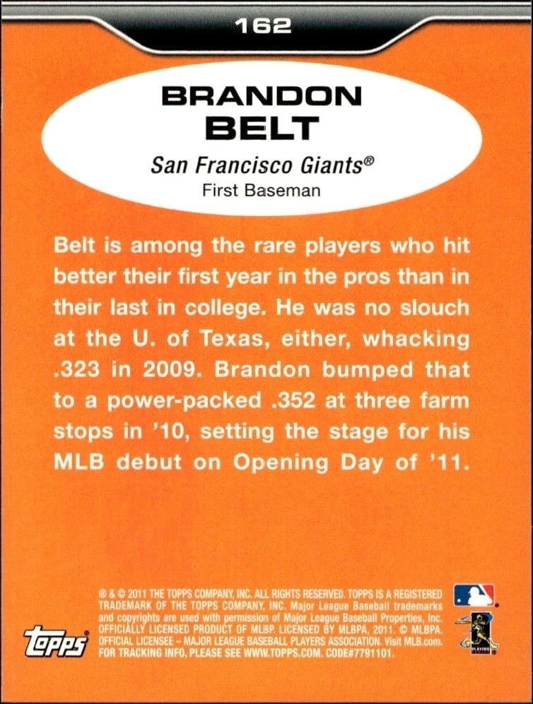 2011 Topps Lineage Brandon Belt #162 baseball trading card back