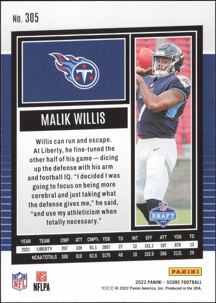 2022 Panini Score Malik Willis #305 football trading card back