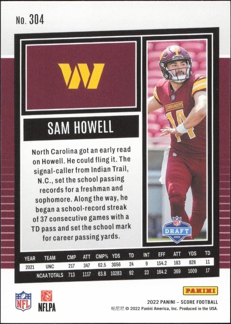2022 Panini Score Sam Howell #304 football trading card back