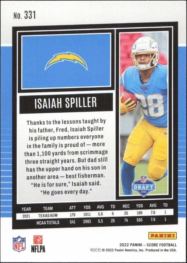 2022 Panini Score Isaiah Spiller #331 football trading card back