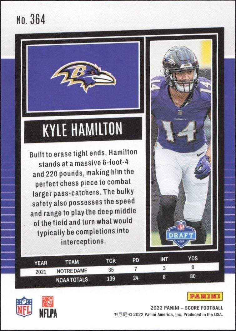 2022 Panini Score Kyle Hamilton #364 football trading card back