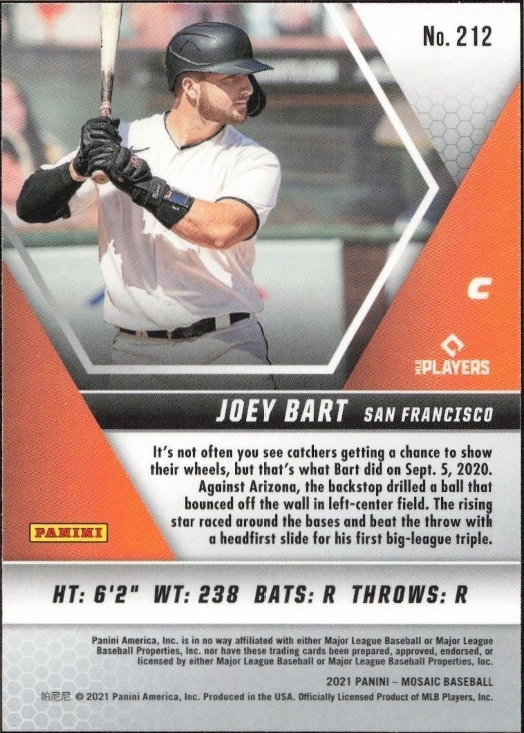 2021 Panini Mosaic Joey Bart #212 baseball trading card back