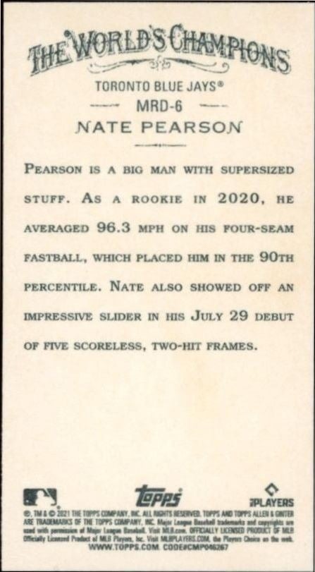 2021 Topps Allen & Ginter Nate Pearson #MRD-6 baseball trading card back