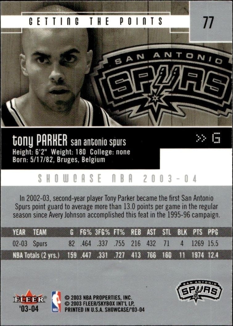 2003-04 Fleer Showcase Tony Parker #77 basketball trading card back