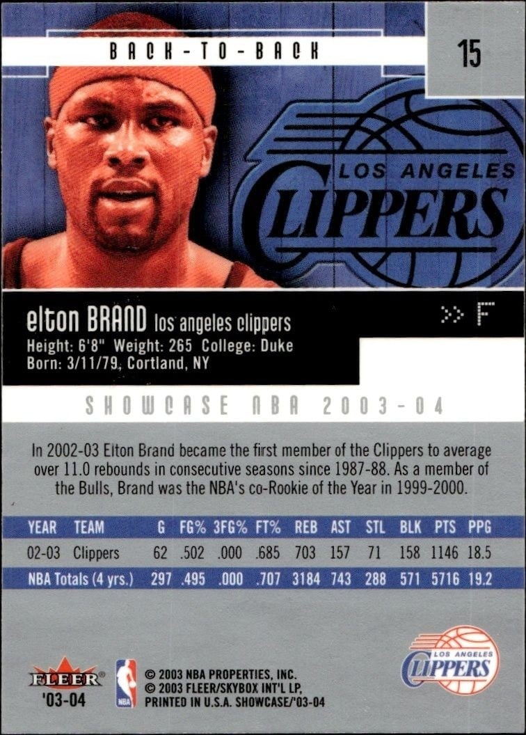2003-04 Fleer Showcase Elton Brand #15 basketball trading card back