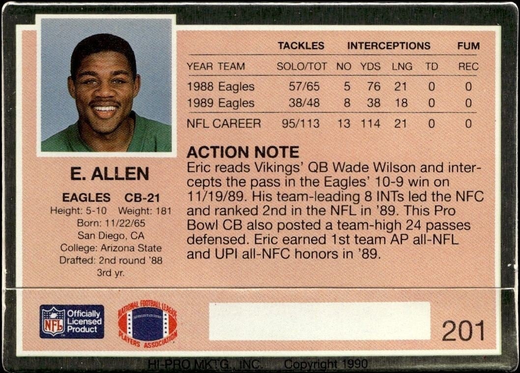 1990 Action Packed Eric Allen #201 football trading card back