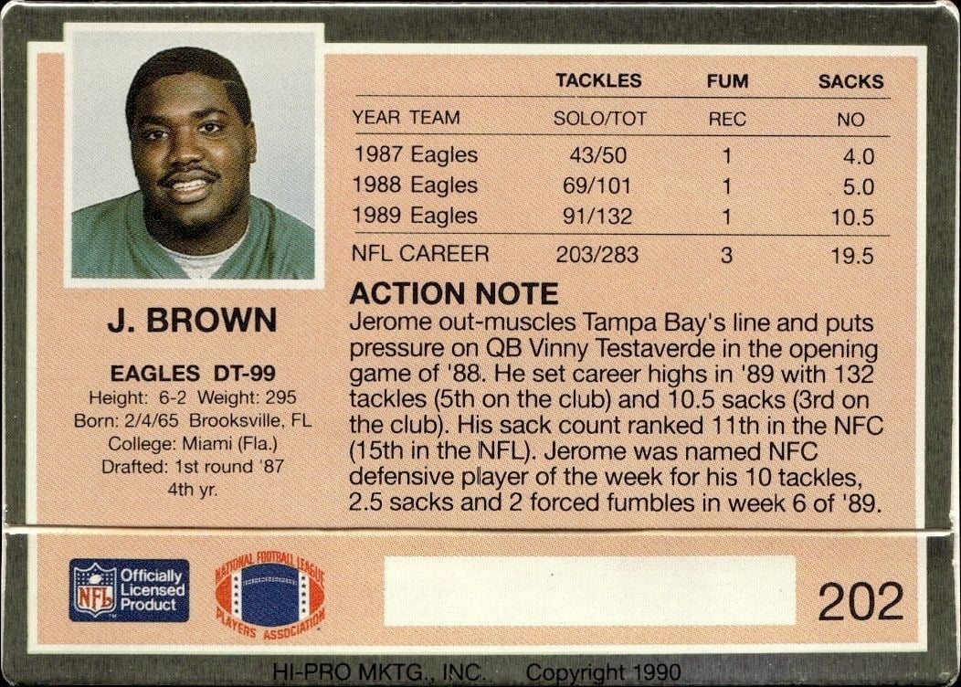 1990 Action Packed Jerome Brown #202 football trading card back