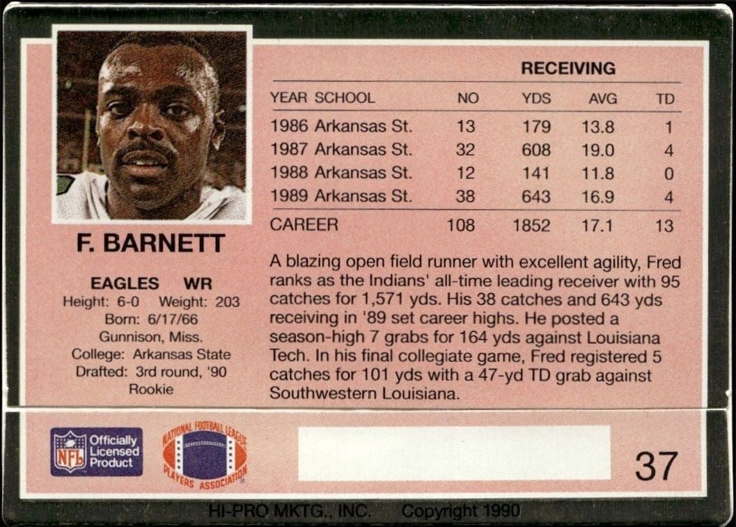 1990 Action Packed Fred Barnett #37 football trading card back