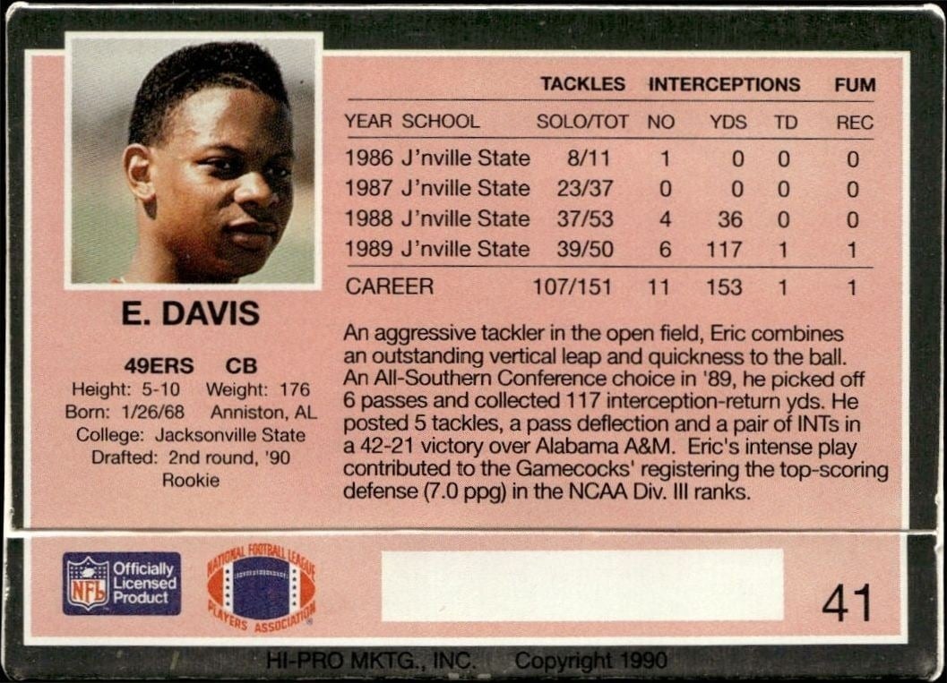 1990 Action Packed Eric Davis #41 football trading card back