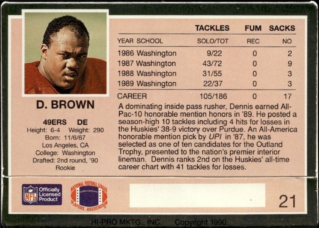 1990 Action Packed Dennis Brown #21 football trading card back