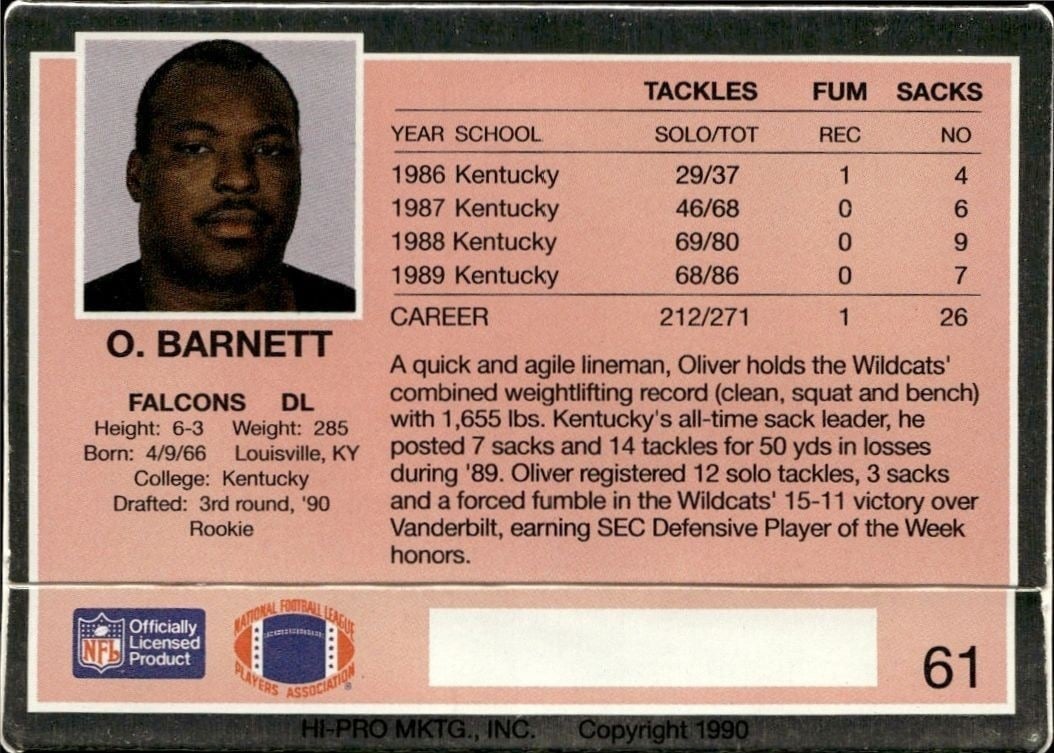 1990 Action Packed Oliver Barnett #61 football trading card back