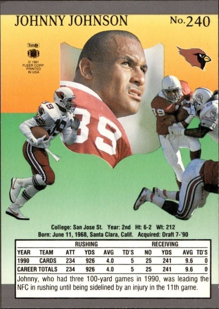 1991 Fleer Ultra Johnny Johnson #240 football trading card back