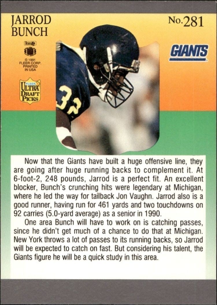 1991 Fleer Ultra Jarrod Bunch #281 football trading card back