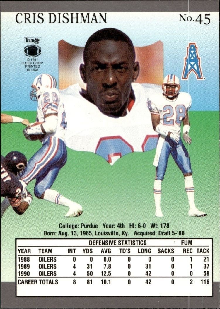 1991 Fleer Ultra Cris Dishman #45 football trading card back