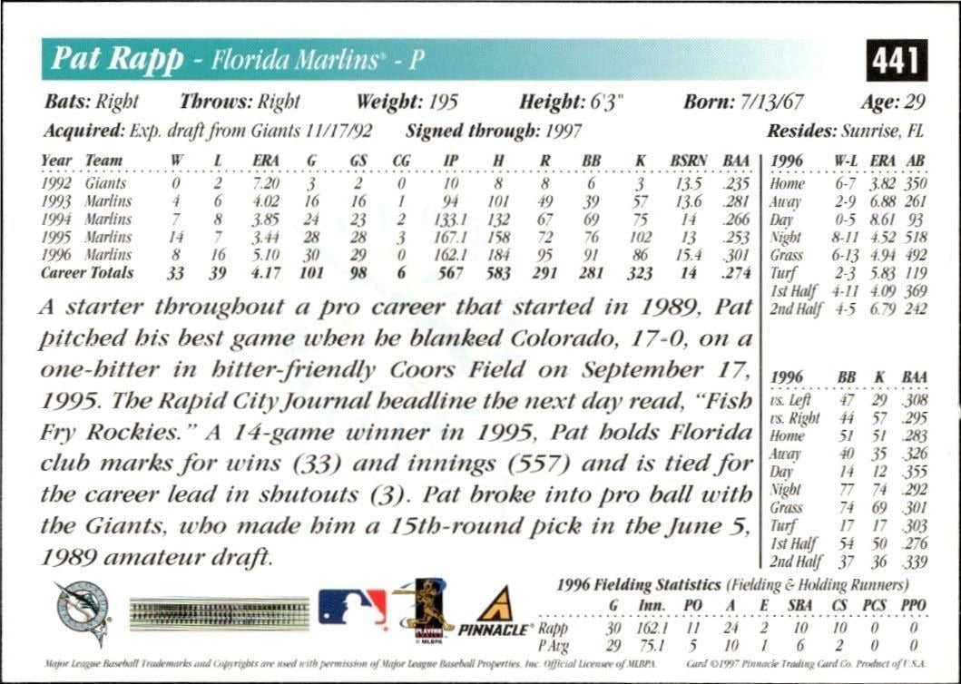 1997 Score Pat Rapp #441 baseball trading card back