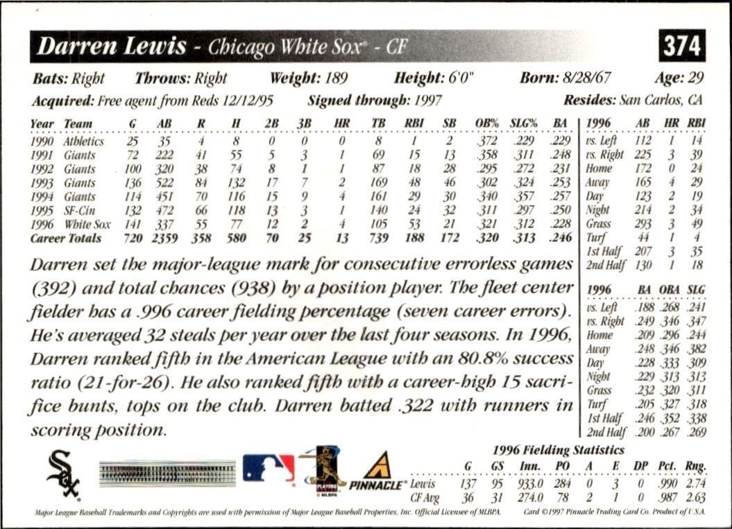 1997 Score Darren Lewis #374 baseball trading card back