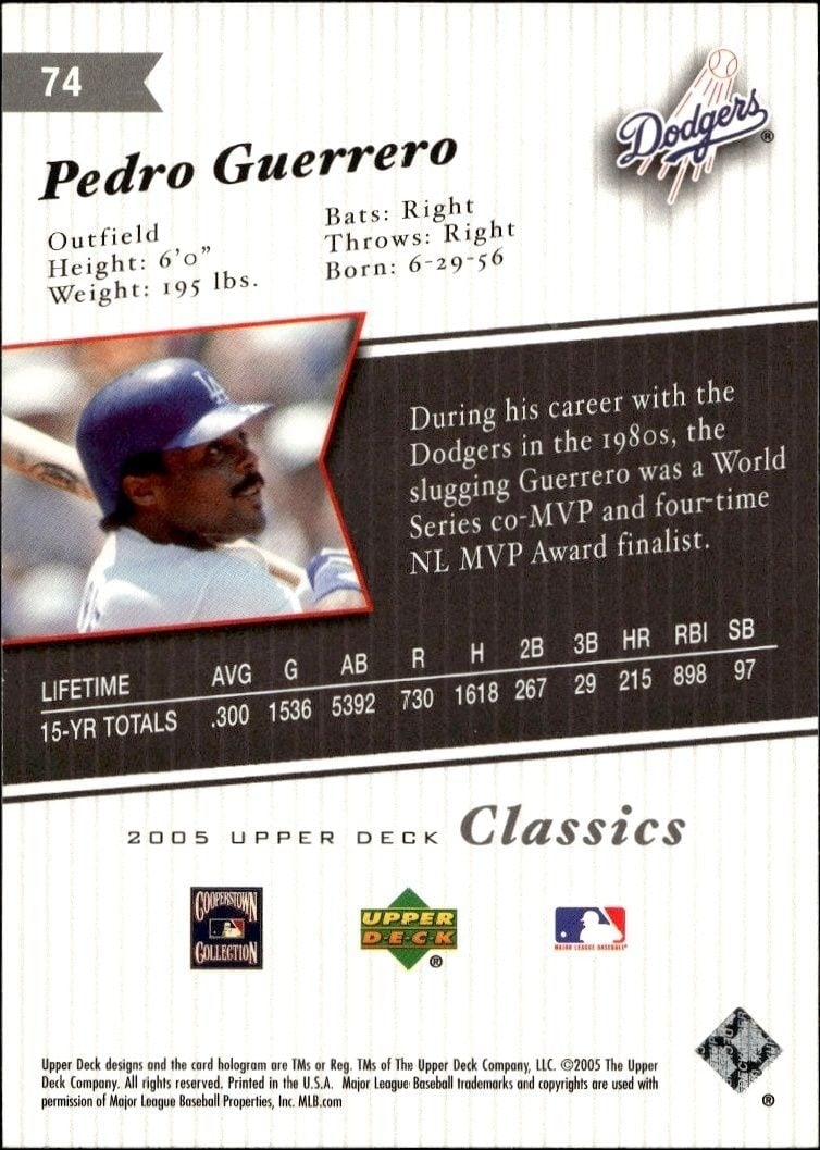 2005 Upper Deck Classics Pedro Guerrero #74 baseball trading card back