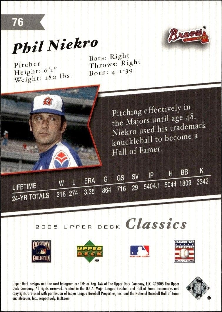 2005 Upper Deck Classics Phil Niekro #76 baseball trading card back