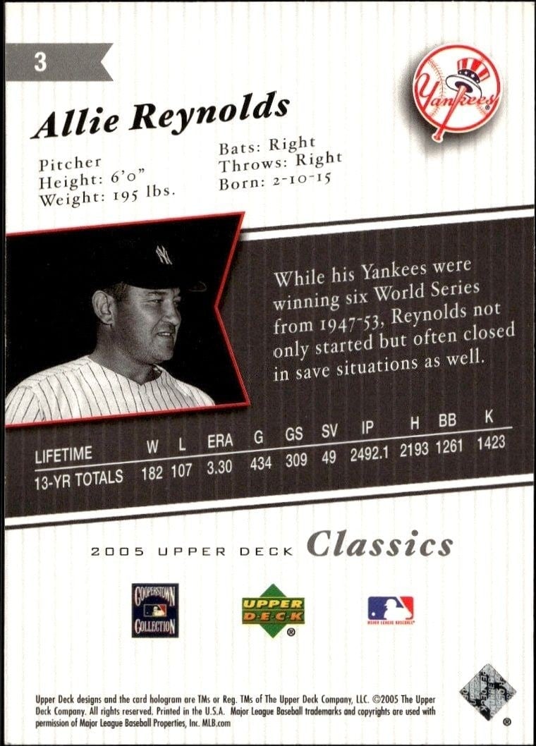 2005 Upper Deck Classics Allie Reynolds #3 baseball trading card back