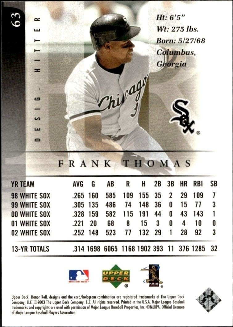 2003 Upper Deck Honor Roll Frank Thomas #63 baseball trading card back