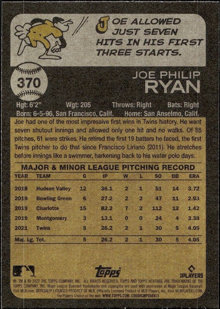 2022 Topps Heritage Joe Ryan #370 baseball trading card back