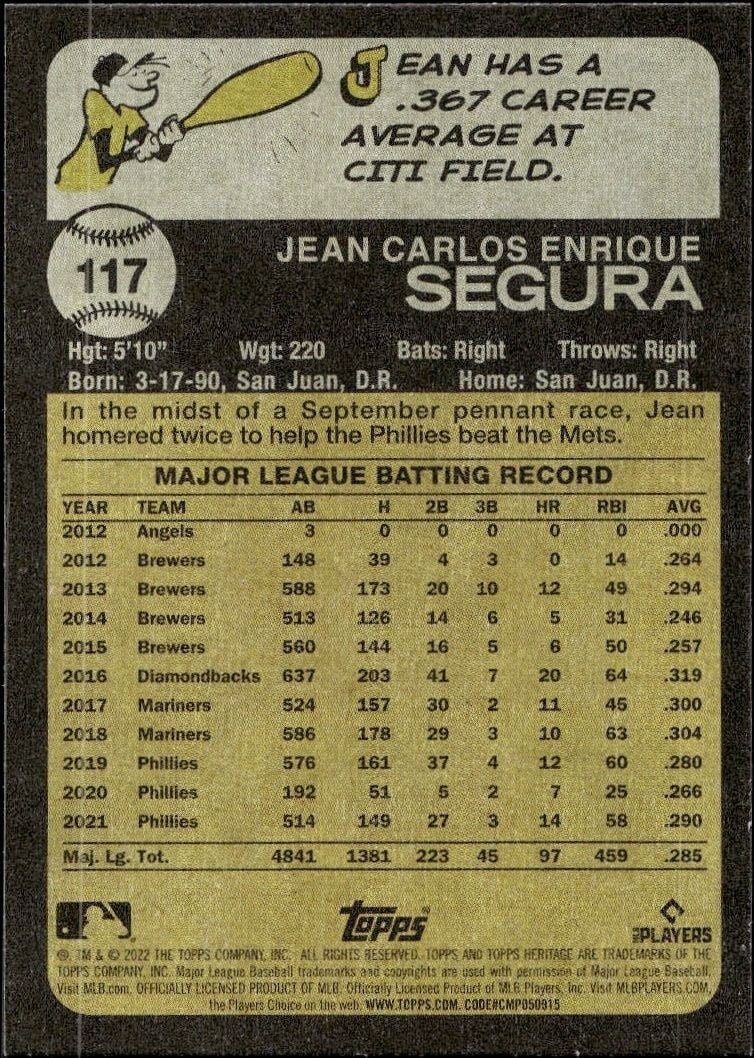 2022 Topps Heritage Jean Segura #117 baseball trading card back