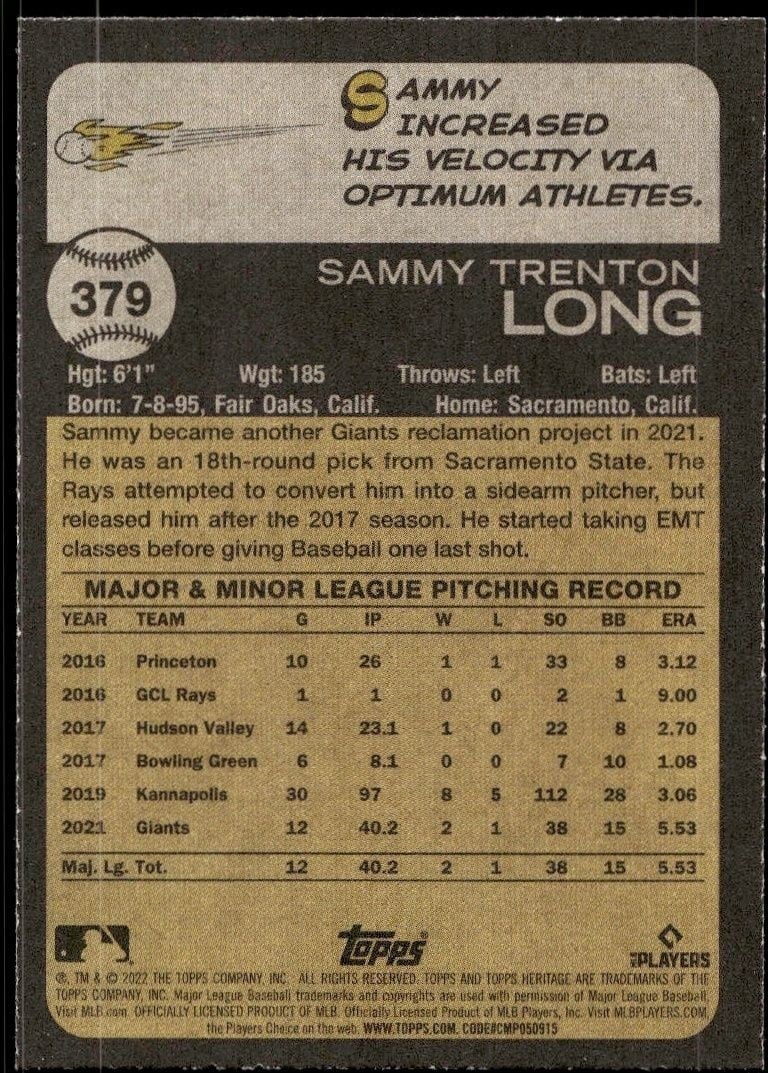 2022 Topps Heritage Sammy Long #379 baseball trading card back
