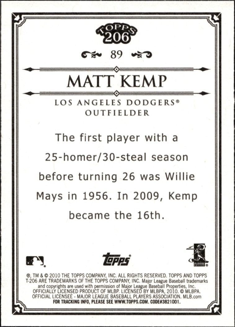2010 Topps T206 Matt Kemp #89 baseball trading card back