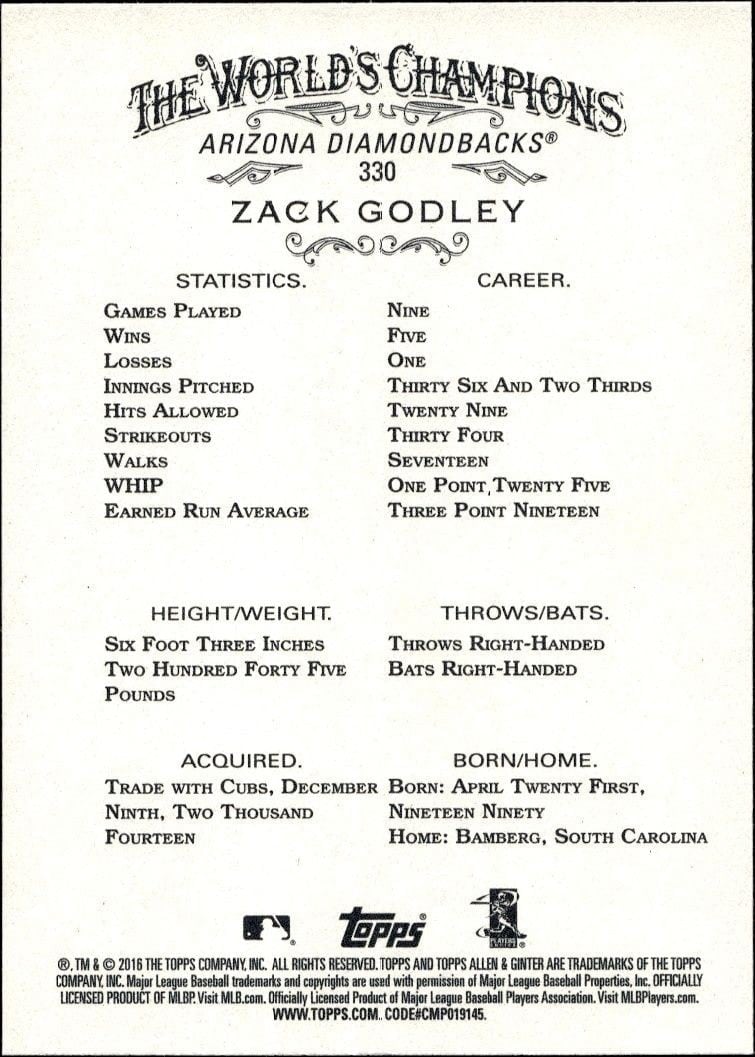 2016 Topps Allen & Ginter Zack Godley #330 baseball trading card back
