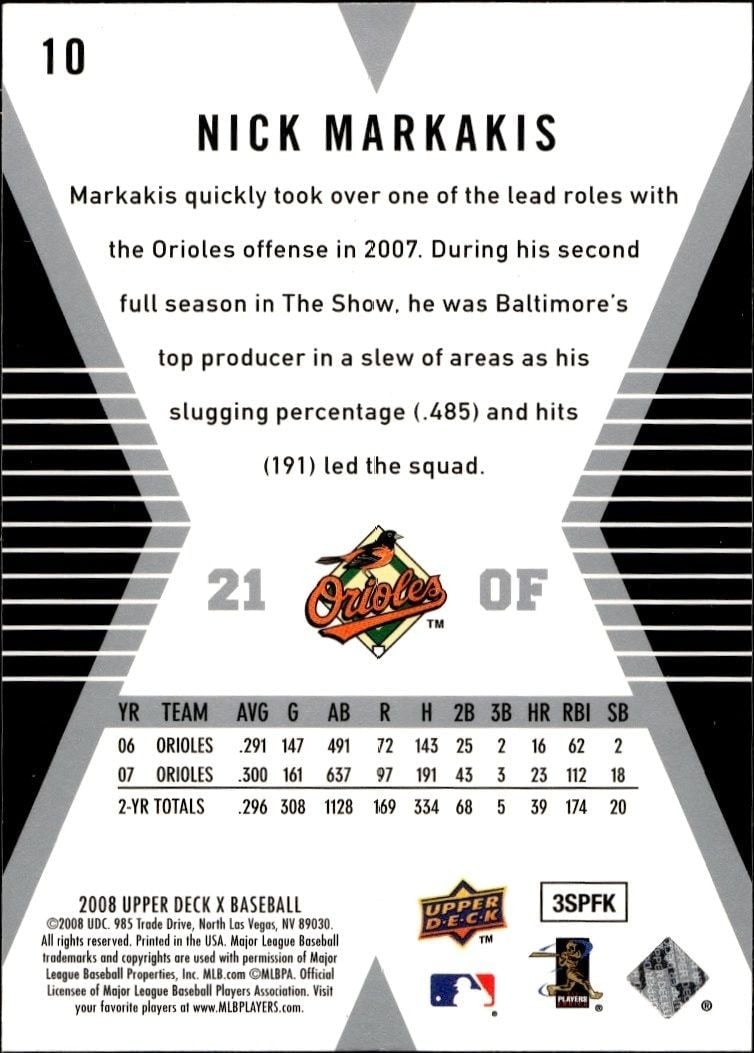 2008 Upper Deck X Nick Markakis #10 baseball trading card back