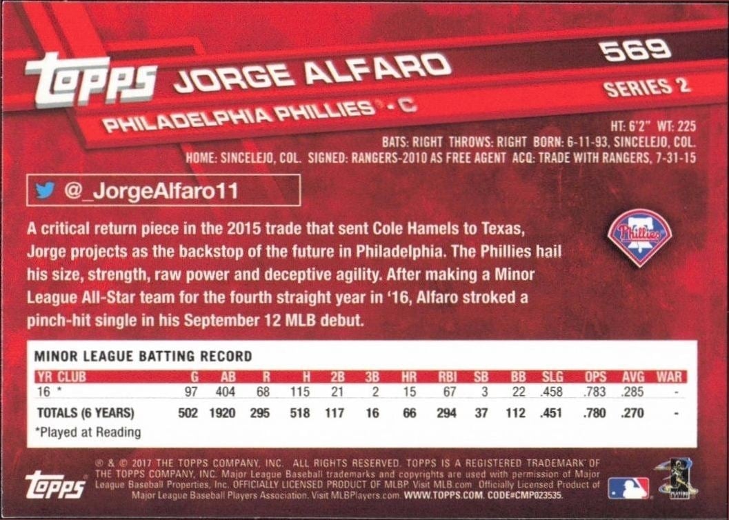 2017 Topps Series 2 Jorge Alfaro #569 baseball trading card back