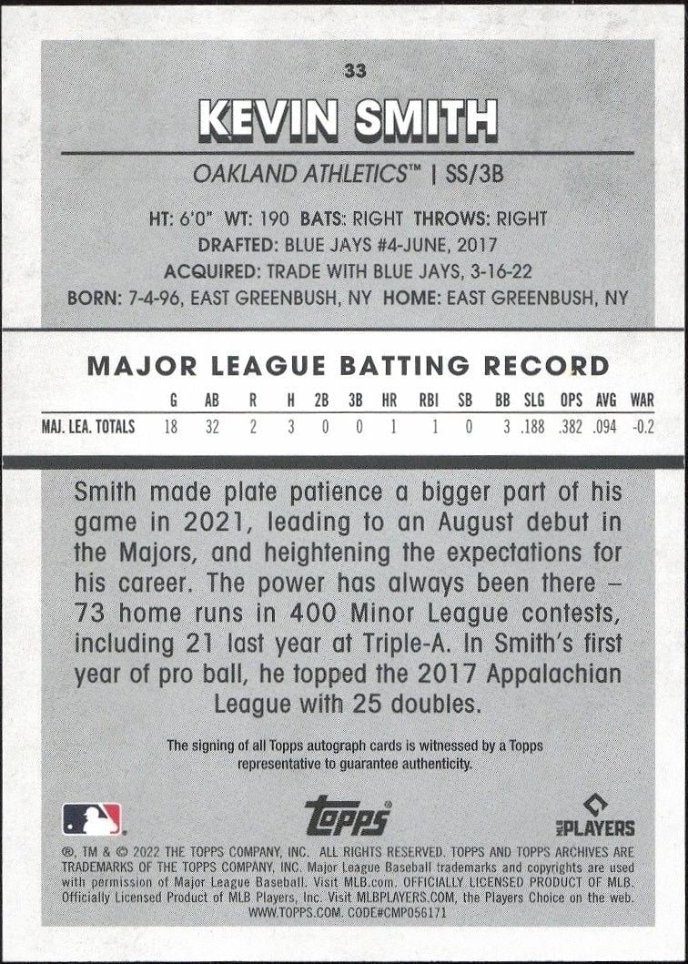 2022 Topps Archives Snapshots Kevin Smith #33 baseball trading card back