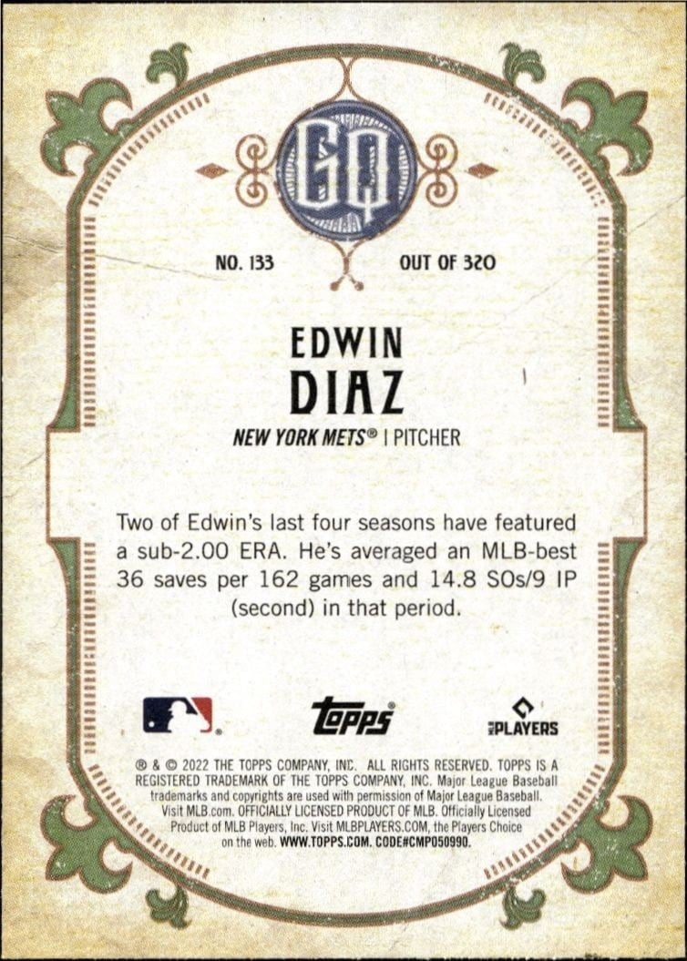 2022 Topps Gypsy Queen Edwin Diaz #133 baseball trading card back