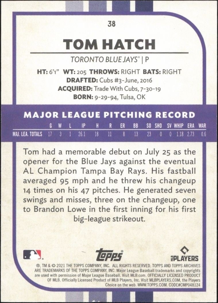 2021 Topps Archives Snapshots Tom Hatch #38 baseball trading card back