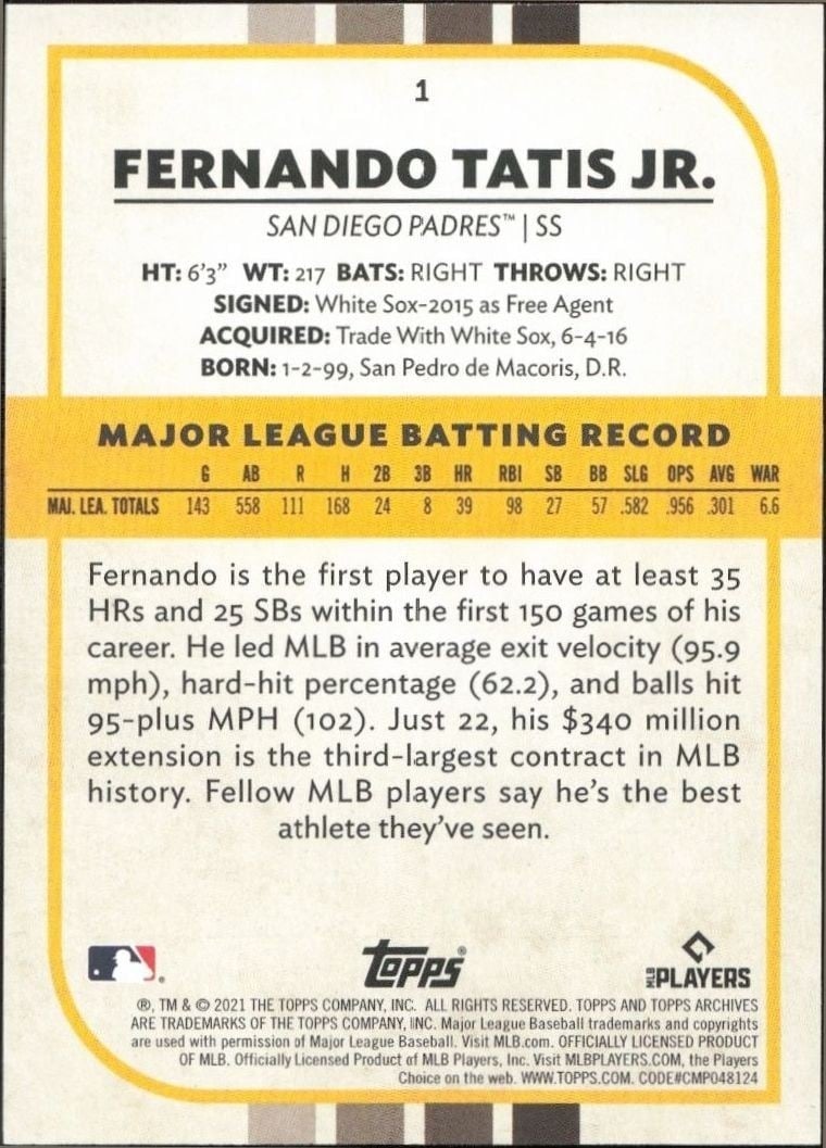 2021 Topps Archives Snapshots Fernando Tatis Jr. #1 baseball trading card back