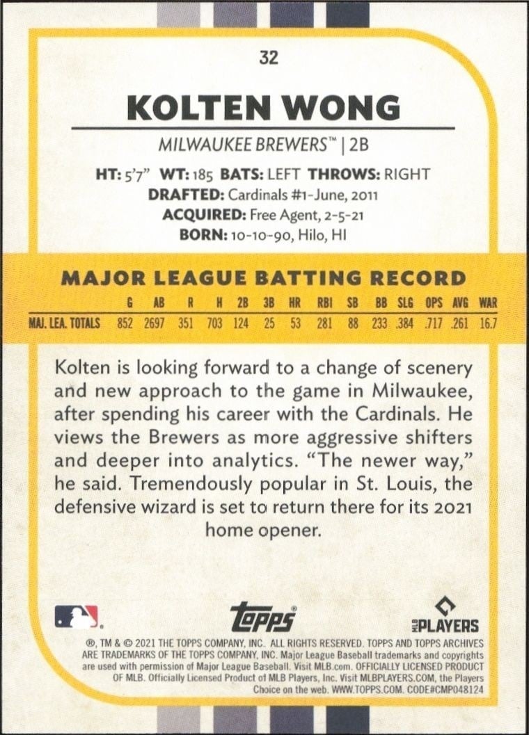 2021 Topps Archives Snapshots Kolten Wong #32 baseball trading card back